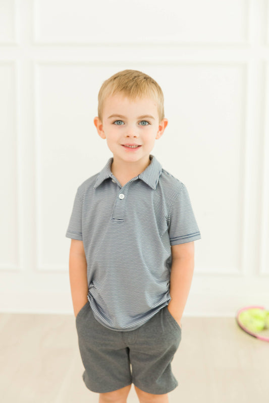 Boys Dark Navy Micro Stripe Knit Short Sleeve Performance Polo