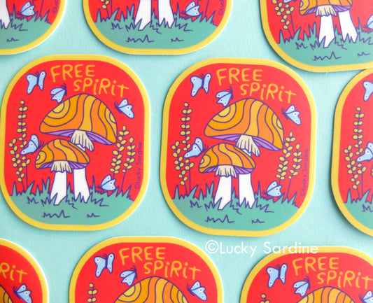 Free Spirit Mushroom & Butterfly, Hippie Retro Vinyl Sticker