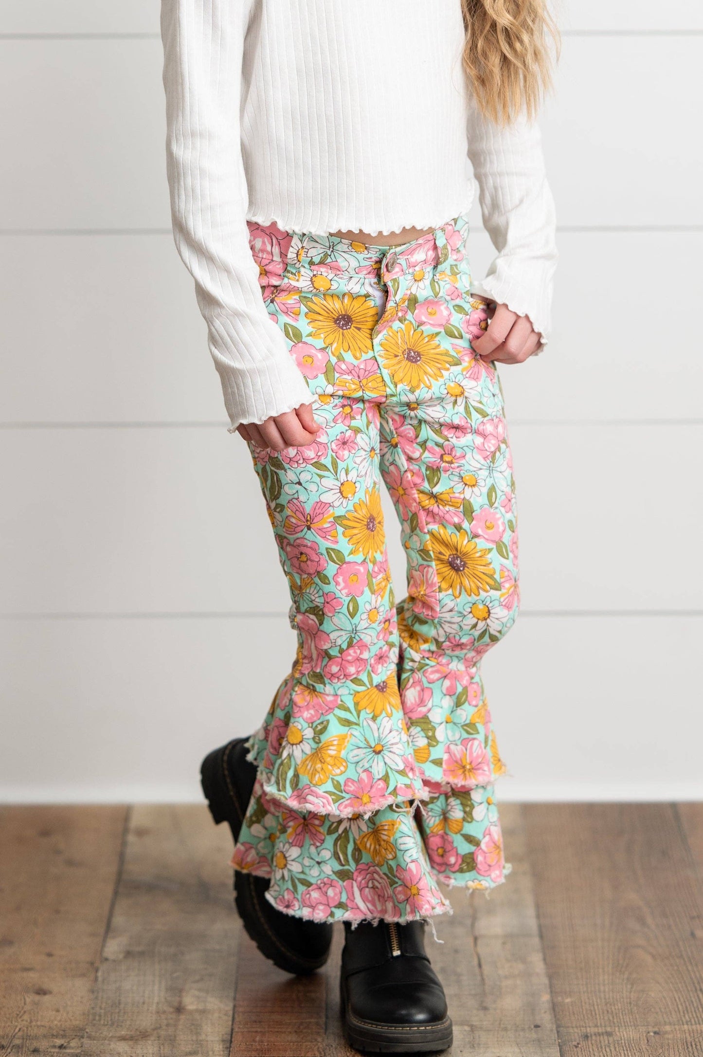 Kids Flower Double Ruffle Denim Jeans