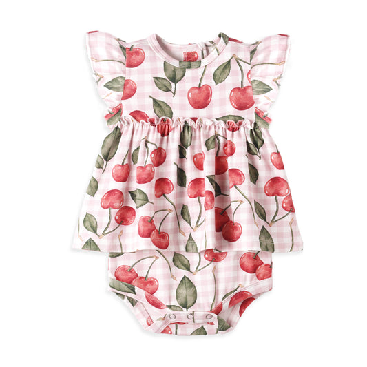 Cherry Picnic Flutter Sleeve Bamboo Skirted Bodysuit