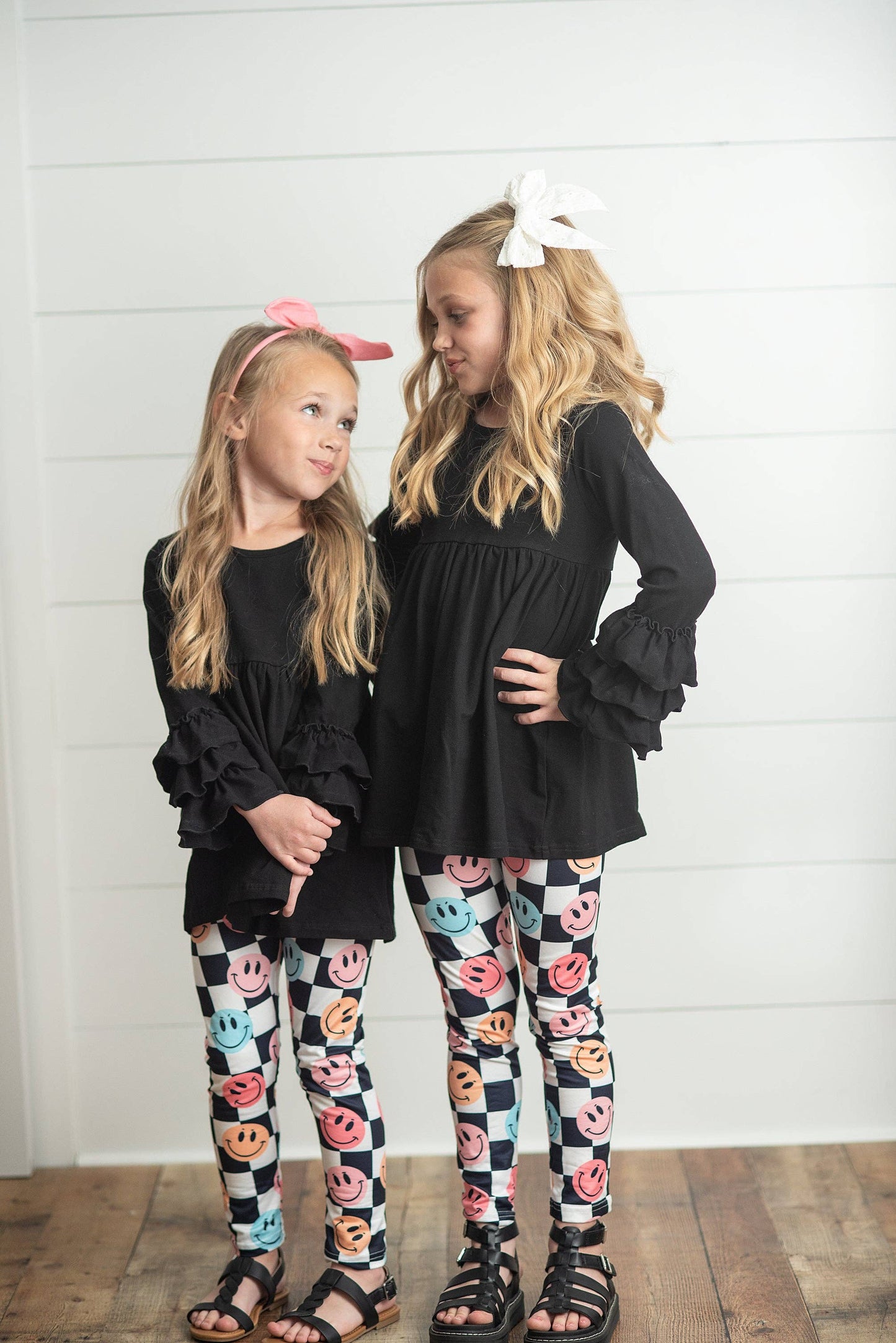Black & White Check Smiley Face Ruffle Top Leggings Set