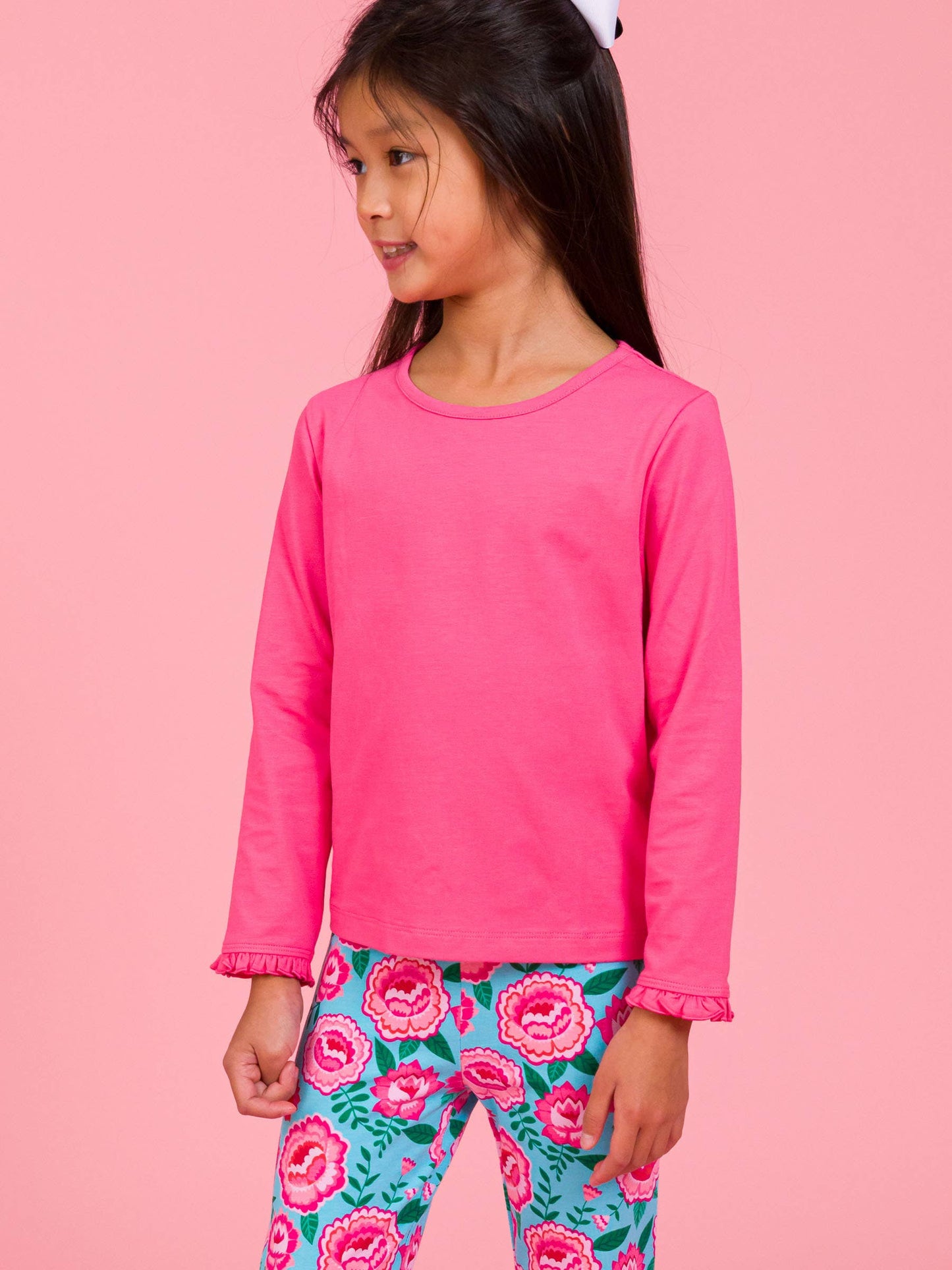 Girls Hot Pink Knit Long Sleeve Ruffle Sleeve Top