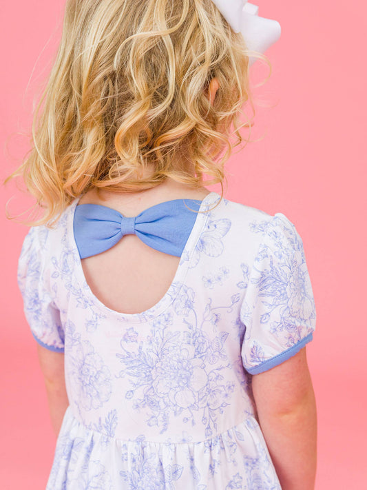 Girls Periwinkle Blue Butterfly Garden Toile Puff Short Sleeve Bow Twirl Dress