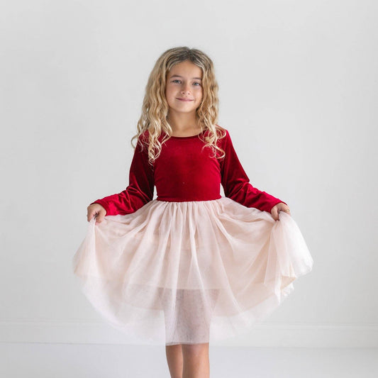 Girls Red Velvet Tulle Fancy Holiday Winter Party Dress