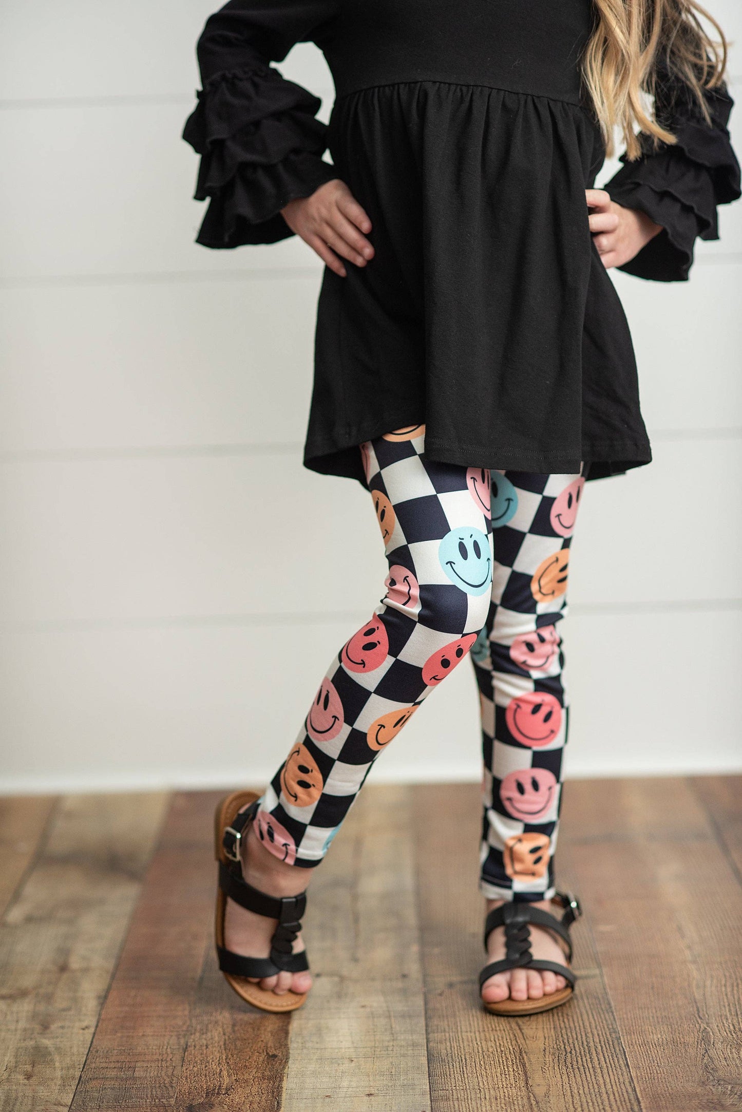 Black & White Check Smiley Face Ruffle Top Leggings Set