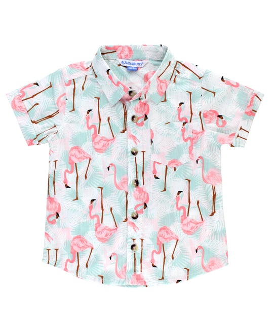 Boys Vibrant Flamingo Short Sleeve Button Down Shirt