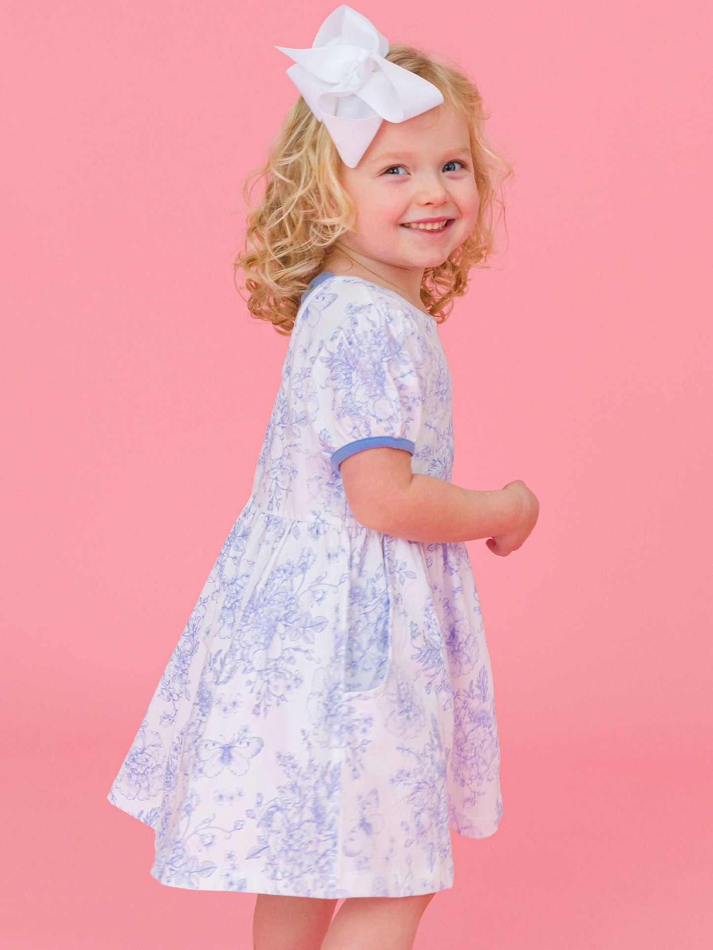 Girls Periwinkle Blue Butterfly Garden Toile Puff Short Sleeve Bow Twirl Dress