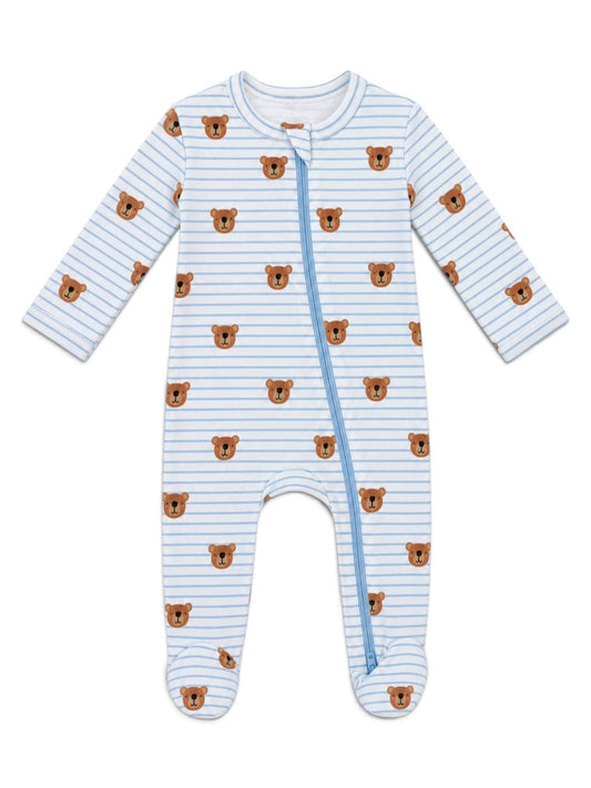 Blue Bear Stripe / Organic Cotton 2-Way Zip Footie