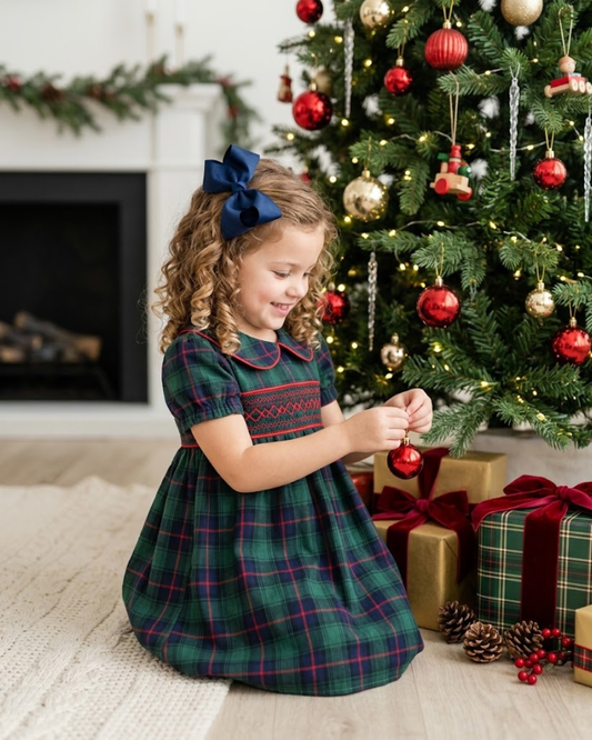 Blue, Green Red Plaid Smocked Collared Dress