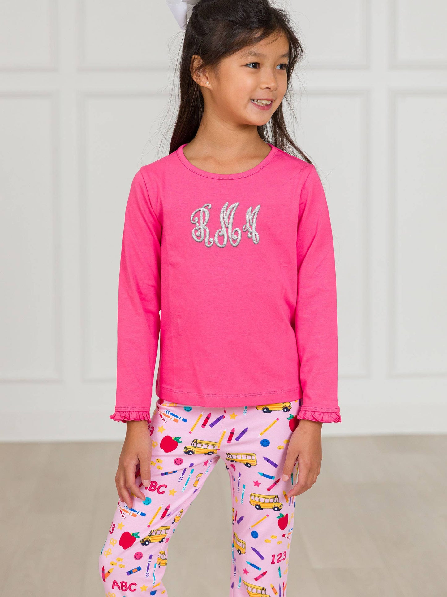 Girls Hot Pink Knit Long Sleeve Ruffle Sleeve Top