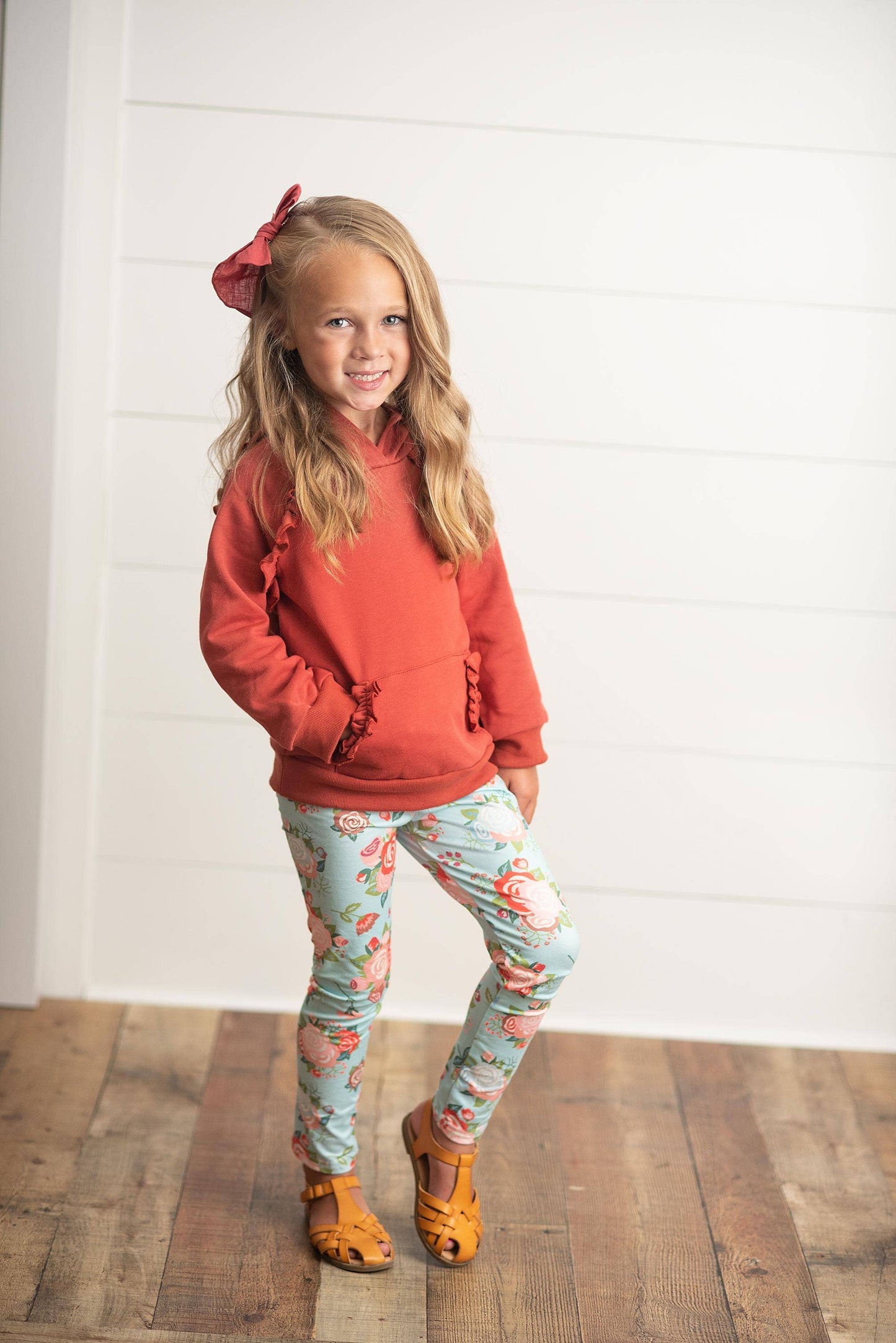 Rust Pocket Ruffle Hoodie Shirt & Leggings Fall Set
