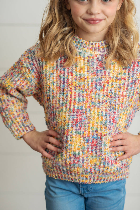 Kids Rainbow Confetti Textured Crew Neck Winter Sweater