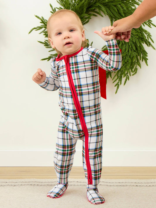 SoftSnooze™ Baby Cotton Modal White Nicholas Christmas Plaid Footed One Piece Pajama