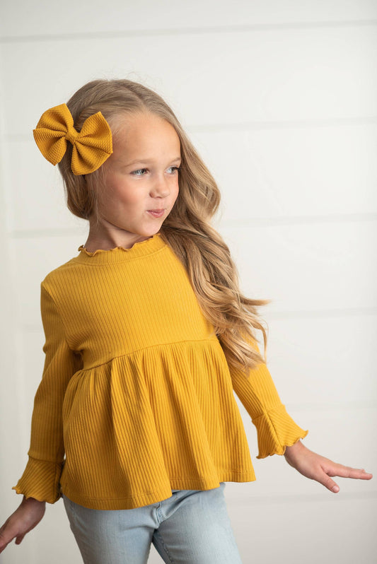 Kids Mustard Long Sleeve Lettuce Trim Ribbed Fall Shirt