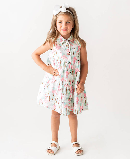 Girls Vibrant Flamingo Tiered Shirt Dress