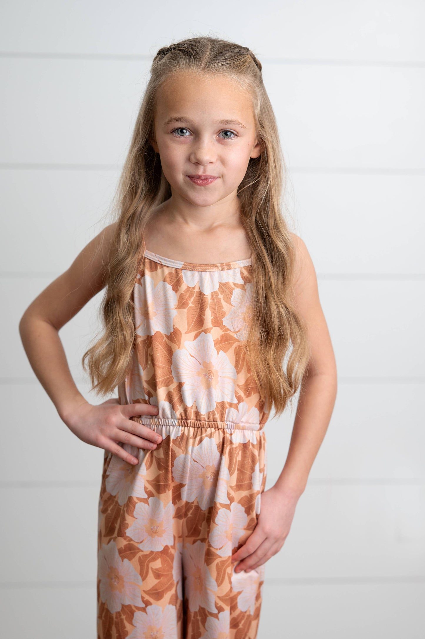 Kids Golden Peach Floral Jumpsuit With Pockets