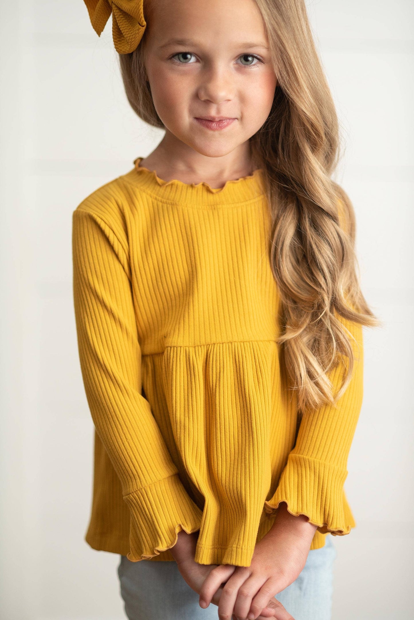 Kids Mustard Long Sleeve Lettuce Trim Ribbed Fall Shirt
