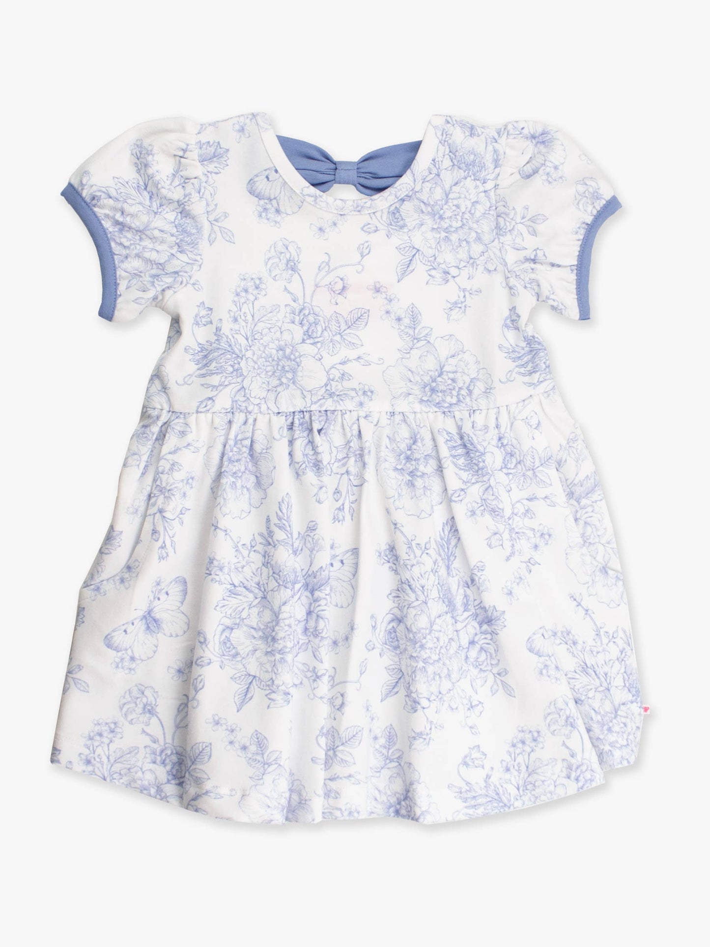 Girls Periwinkle Blue Butterfly Garden Toile Puff Short Sleeve Bow Twirl Dress