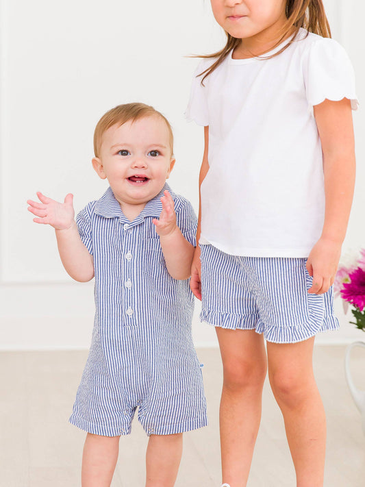 Baby Boys Classic Blue Seersucker Button-Up Romper
