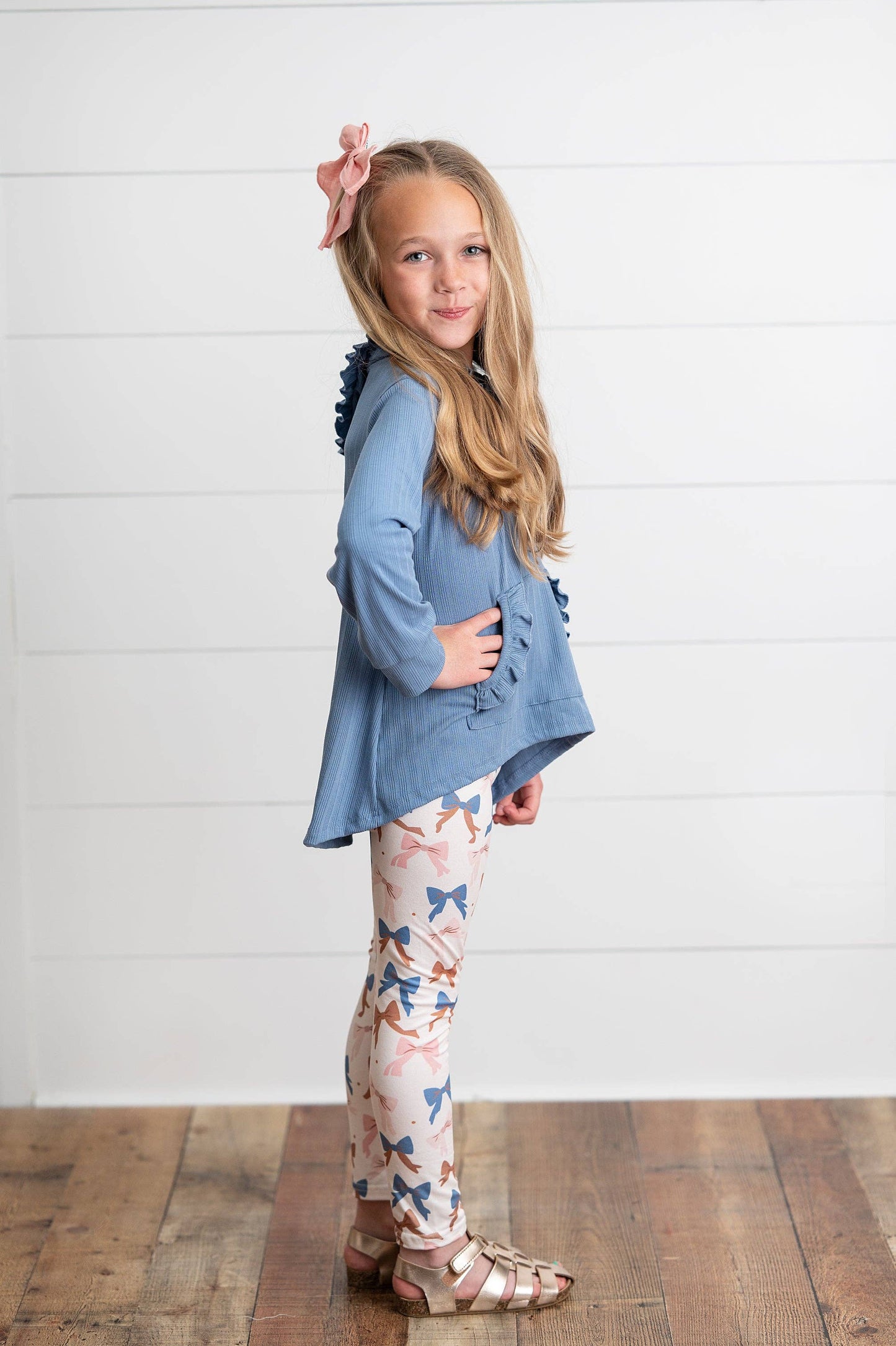 Girls Blue Ruffle Hi-Lo Hoodie & Coquette Bow Legging Set