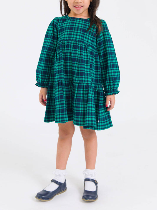 Girls Hayden Plaid Woven Long Sleeve Tiered Twirl Dress