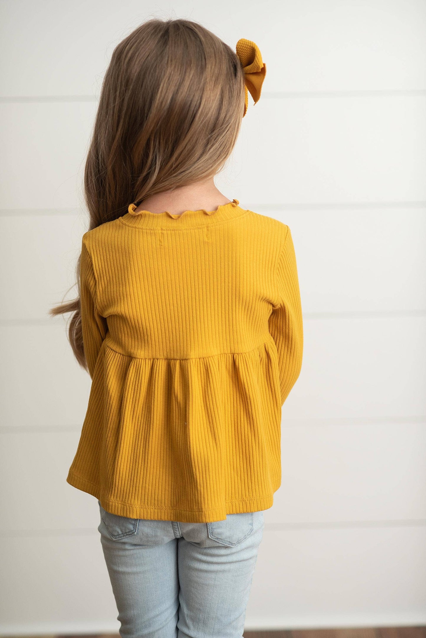 Kids Mustard Long Sleeve Lettuce Trim Ribbed Fall Shirt