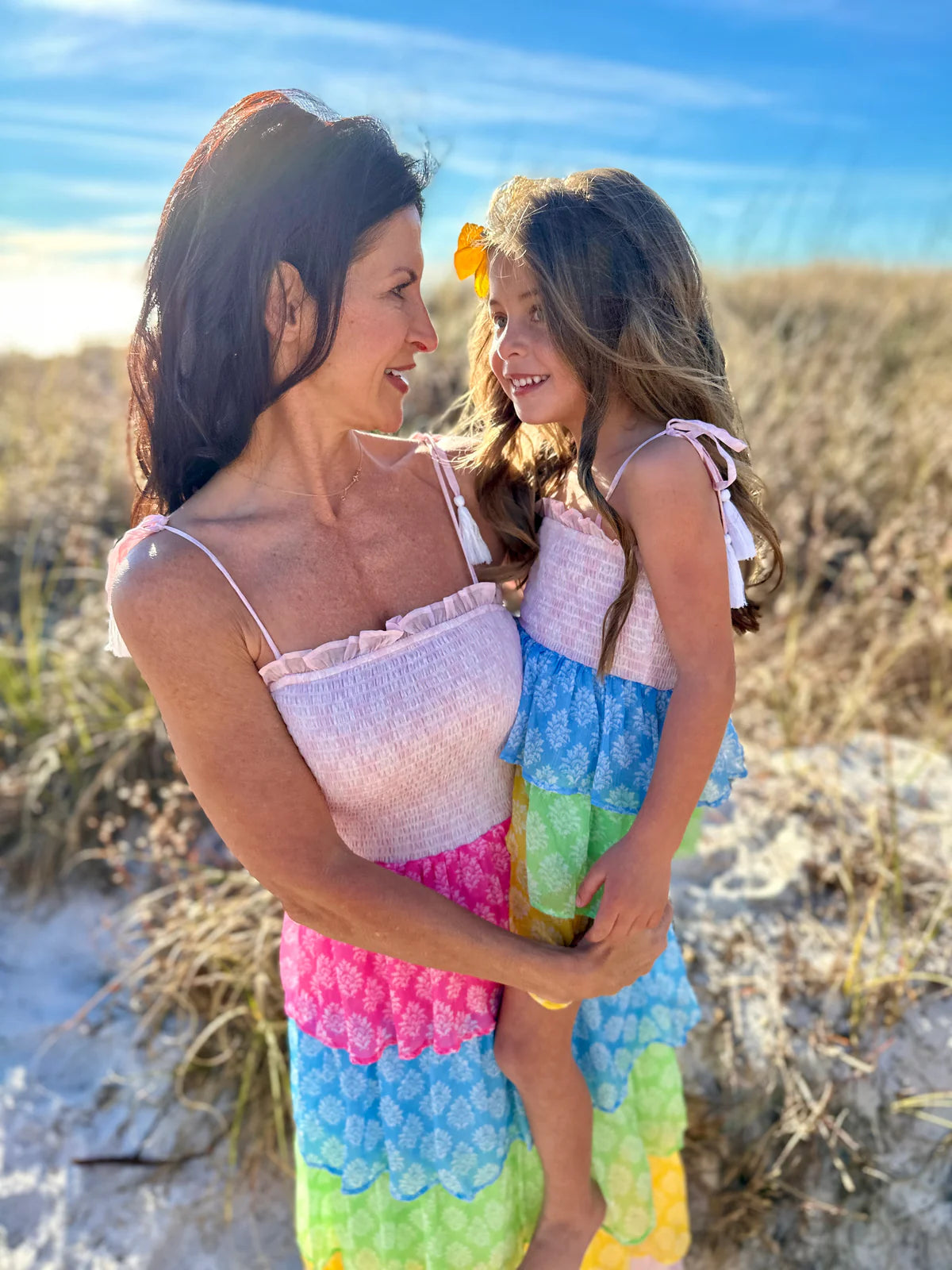 Mommy Matching Smock Bodice Tiered Dress in Block Print