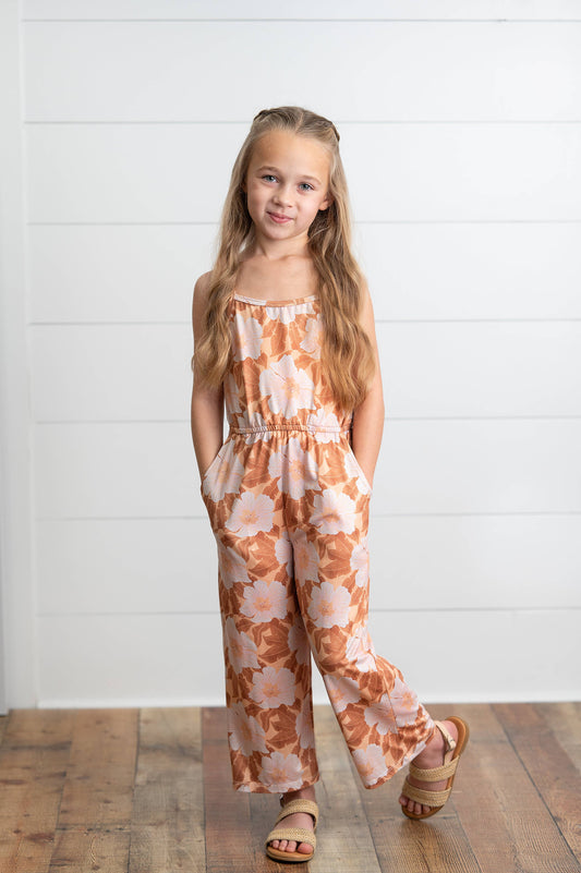 Kids Golden Peach Floral Jumpsuit With Pockets
