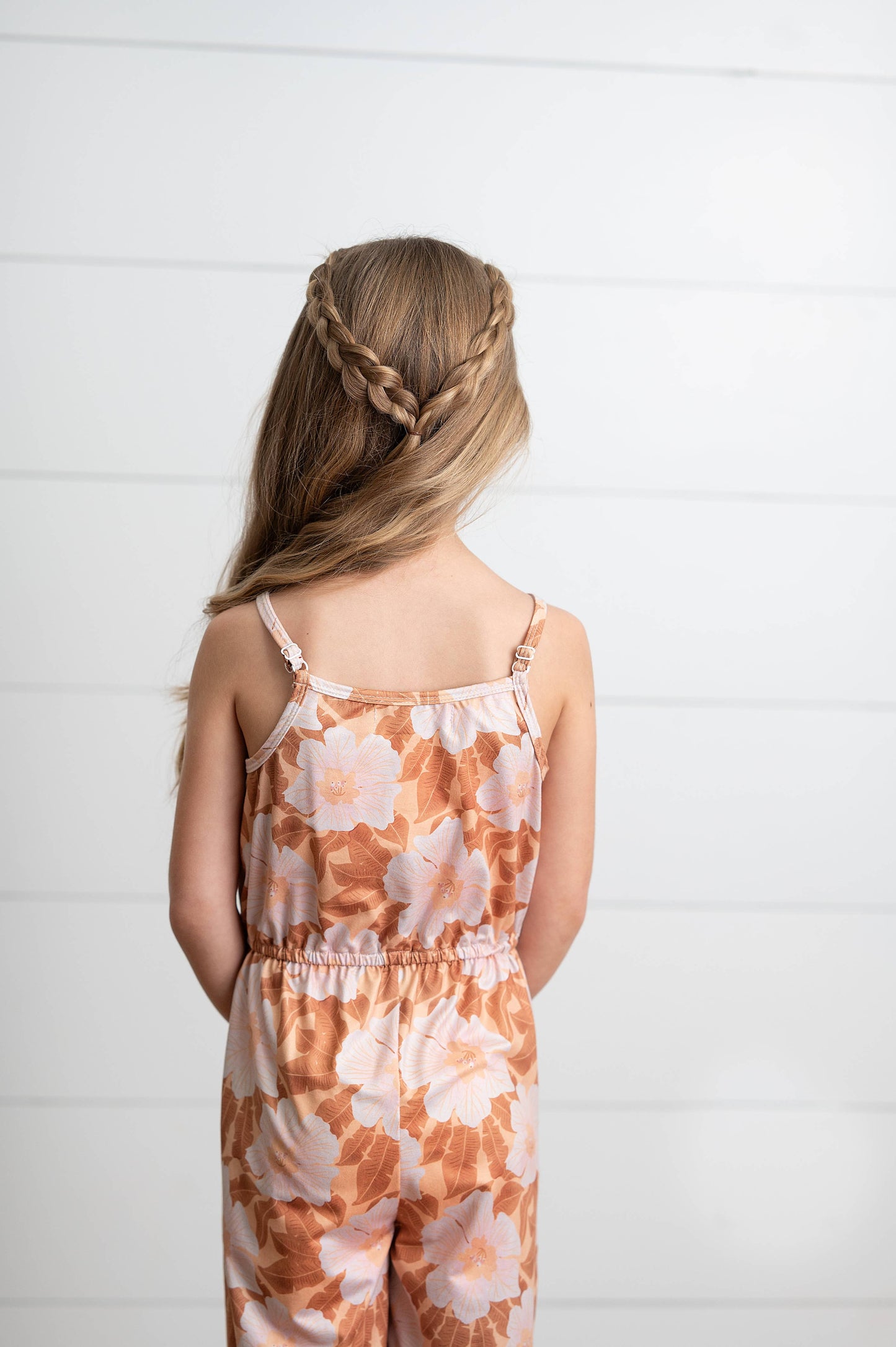 Kids Golden Peach Floral Jumpsuit With Pockets