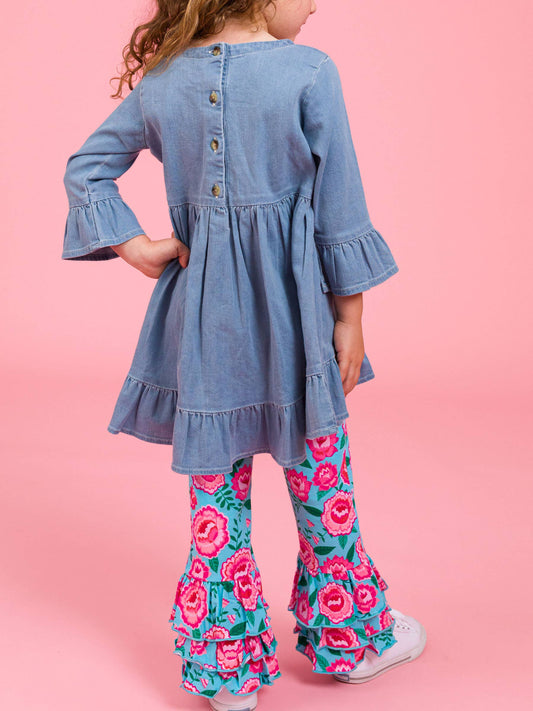 Girls Light Wash Stretch Denim High Low Ruffle Tunic