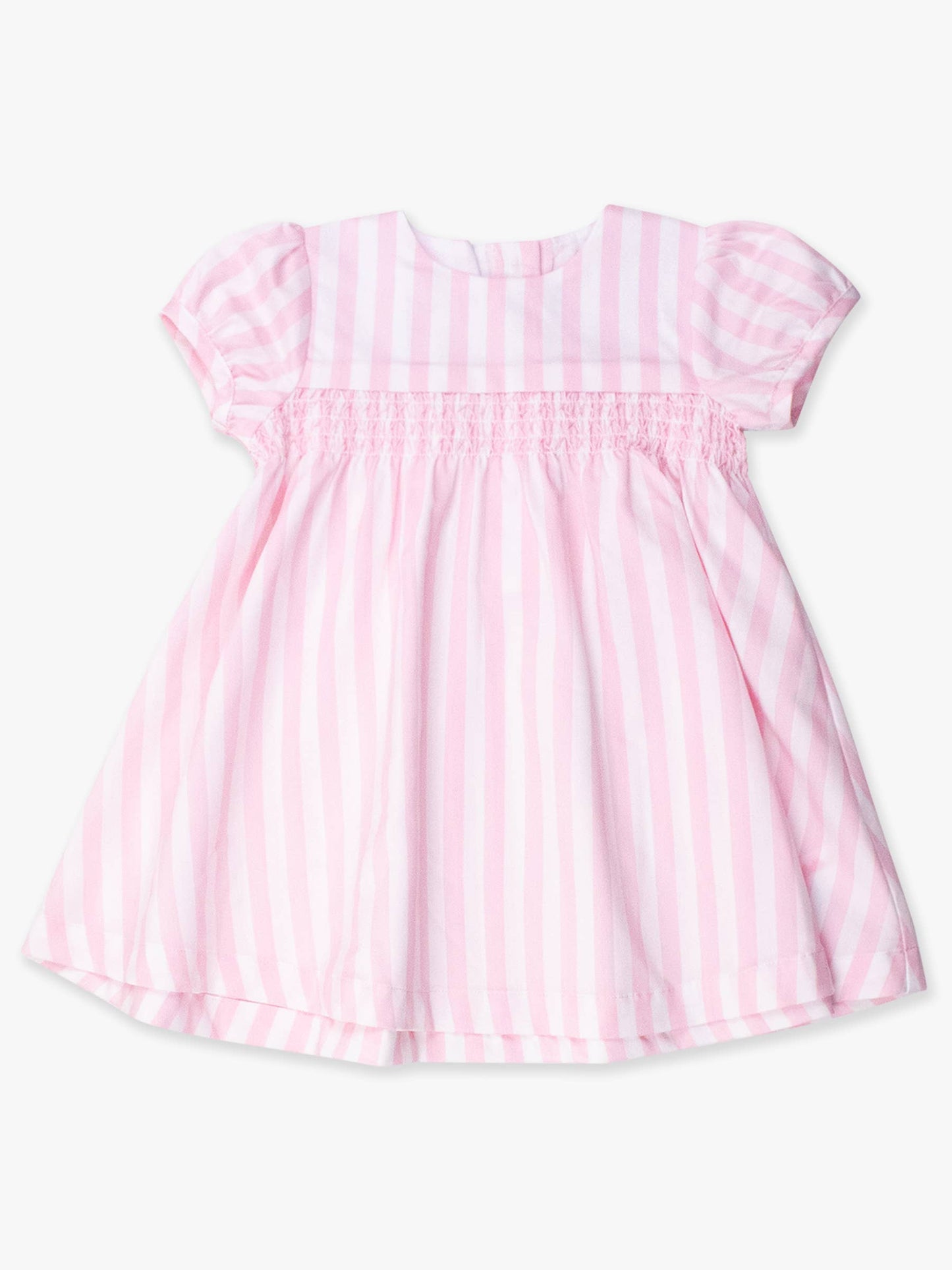 Girls Baby Pink Stripe Stripe Puff Sleeve Smocked Dress