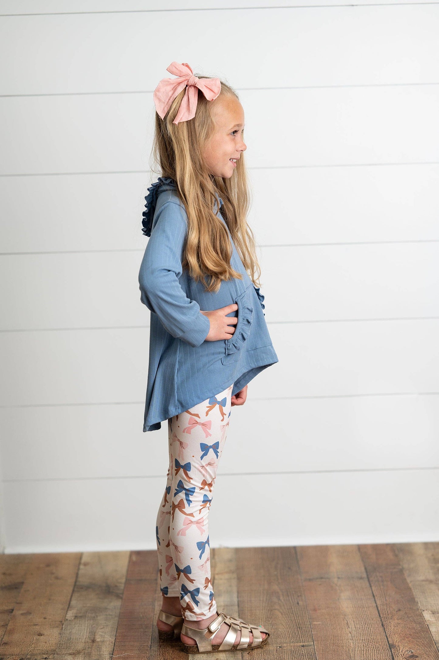 Girls Blue Ruffle Hi-Lo Hoodie & Coquette Bow Legging Set