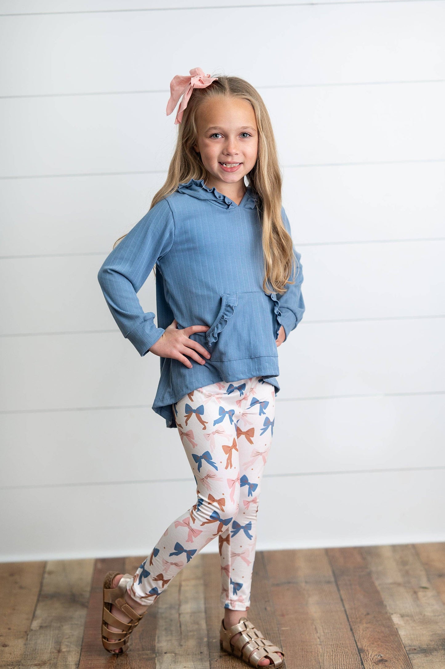 Girls Blue Ruffle Hi-Lo Hoodie & Coquette Bow Legging Set