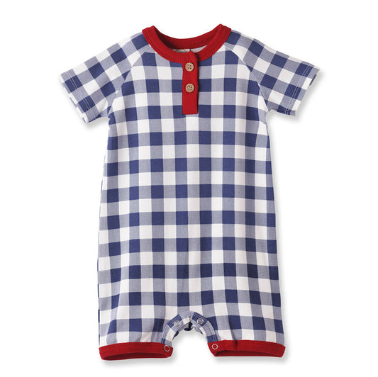 Picnic Plaid Bamboo Henley Shortall Romper for Baby Boys