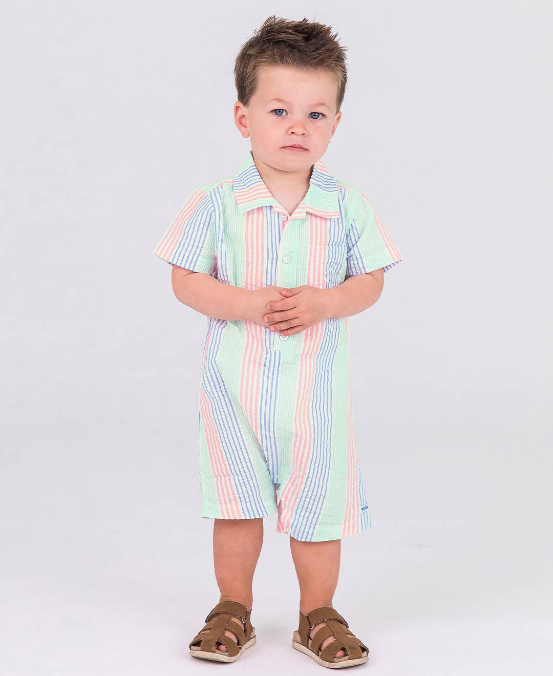 Baby Boys Multi-color Seersucker Short Sleeve Woven Button-Up Romper
