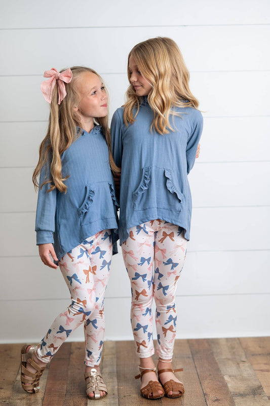 Girls Blue Ruffle Hi-Lo Hoodie & Coquette Bow Legging Set