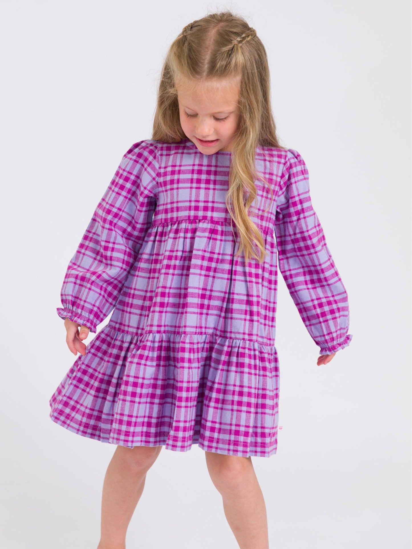 Girls Harper Plaid Woven Long Sleeve Tiered Twirl Dress