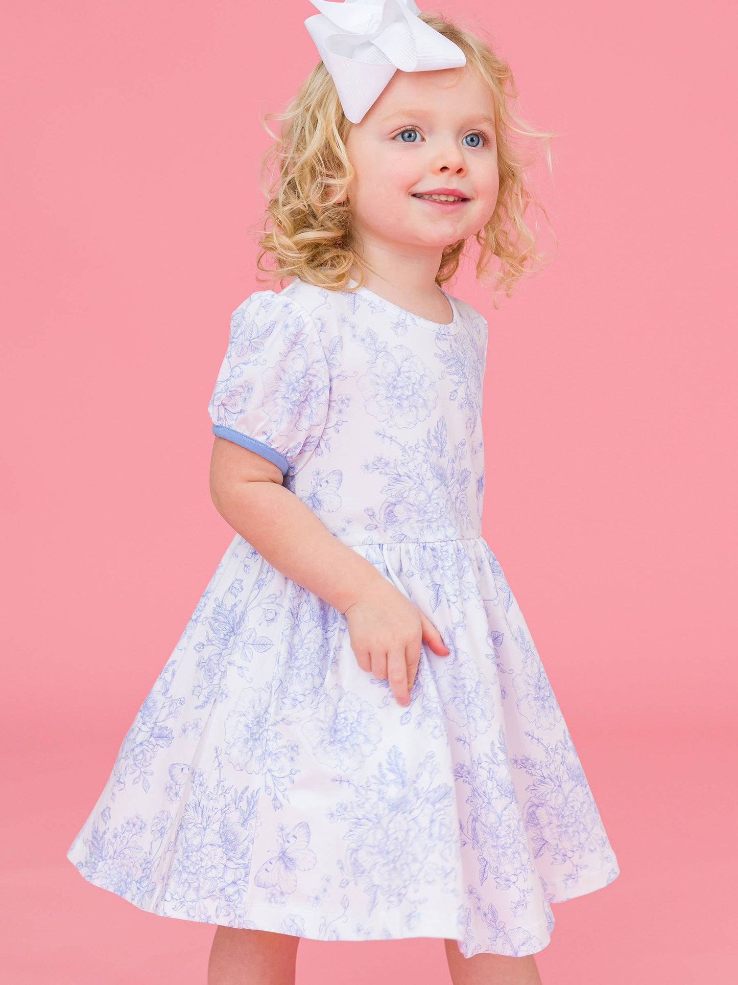 Girls Periwinkle Blue Butterfly Garden Toile Puff Short Sleeve Bow Twirl Dress
