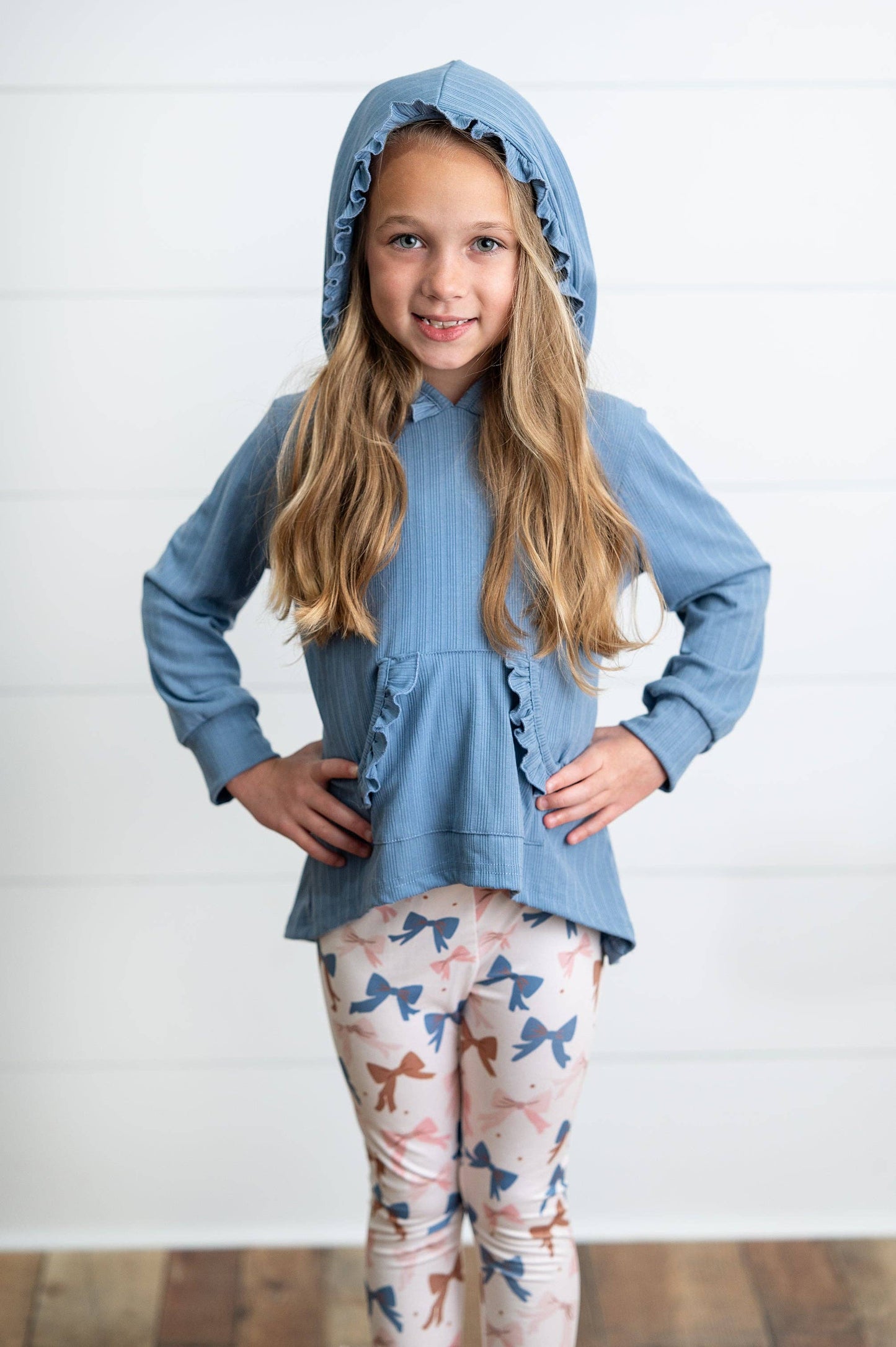 Girls Blue Ruffle Hi-Lo Hoodie & Coquette Bow Legging Set