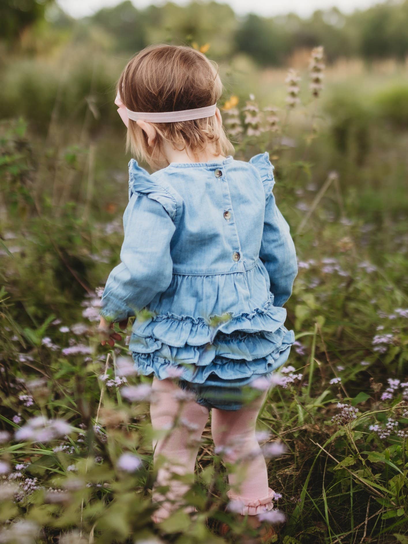 Baby Girls Light Wash Long Sleeve Flutter Bubble Romper