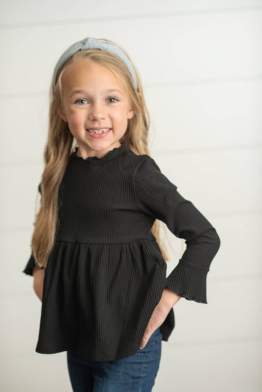 Kids Black Long Sleeve Lettuce Trim Ribbed Fall Winter Shirt