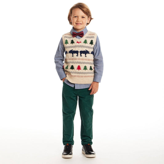 Kids Sweater Vest W/Buttondown & Twill Pant Set | Beige Fair Isle