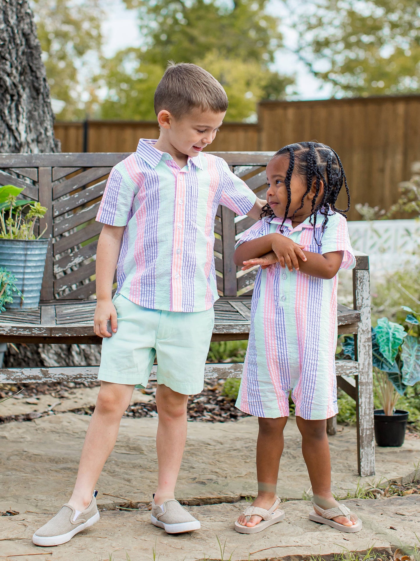 Baby Boys Multi-color Seersucker Short Sleeve Woven Button-Up Romper