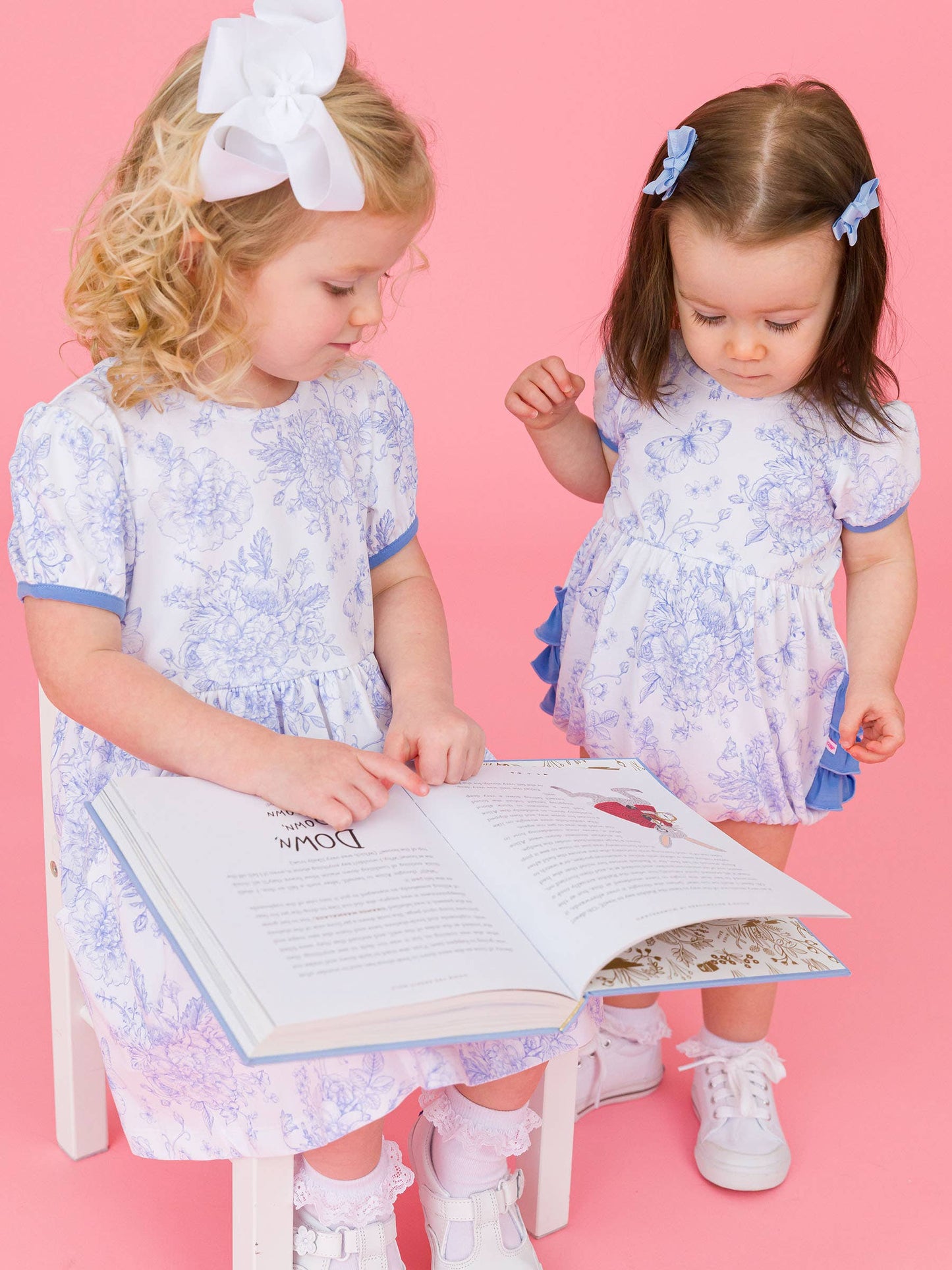 Girls Periwinkle Blue Butterfly Garden Toile Puff Short Sleeve Bow Twirl Dress