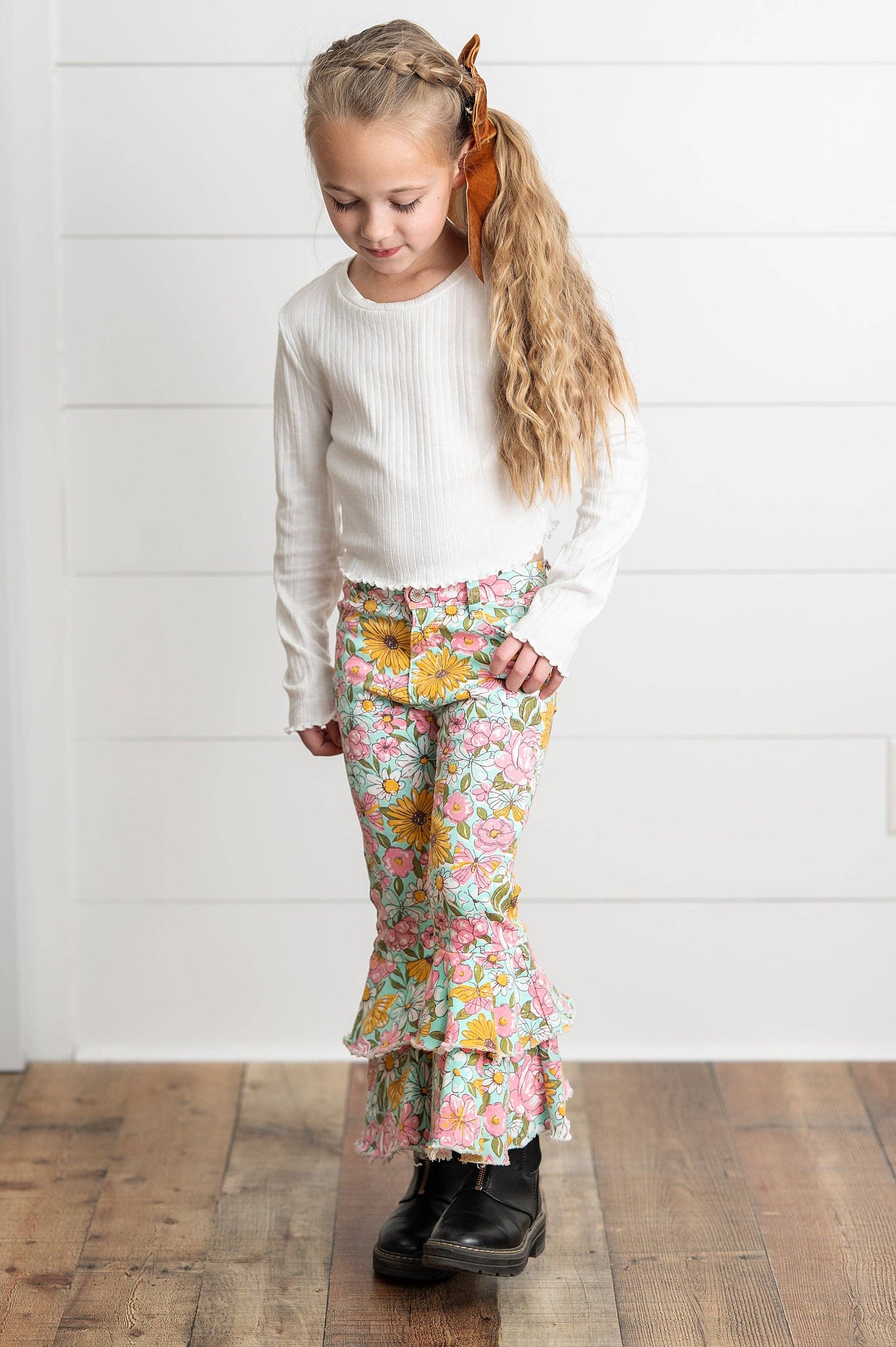 Kids Flower Double Ruffle Denim Jeans
