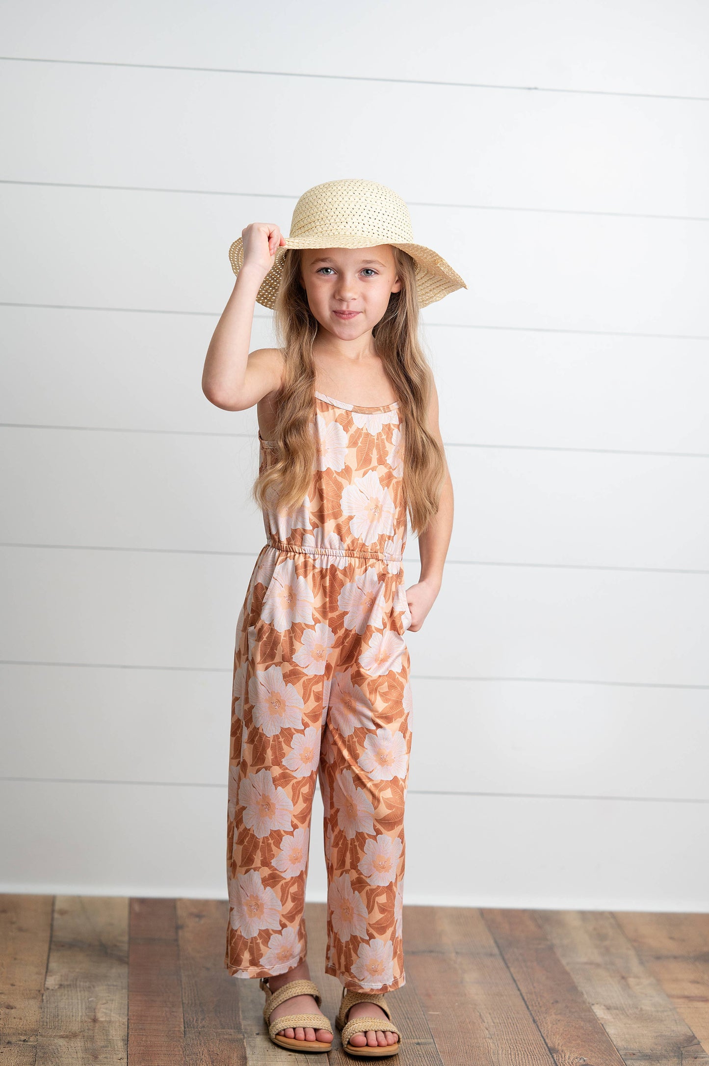 Kids Golden Peach Floral Jumpsuit With Pockets