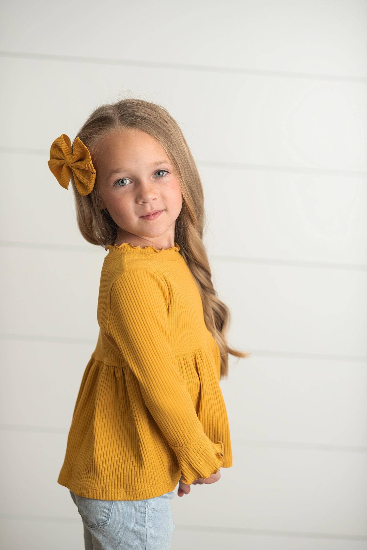 Kids Mustard Long Sleeve Lettuce Trim Ribbed Fall Shirt