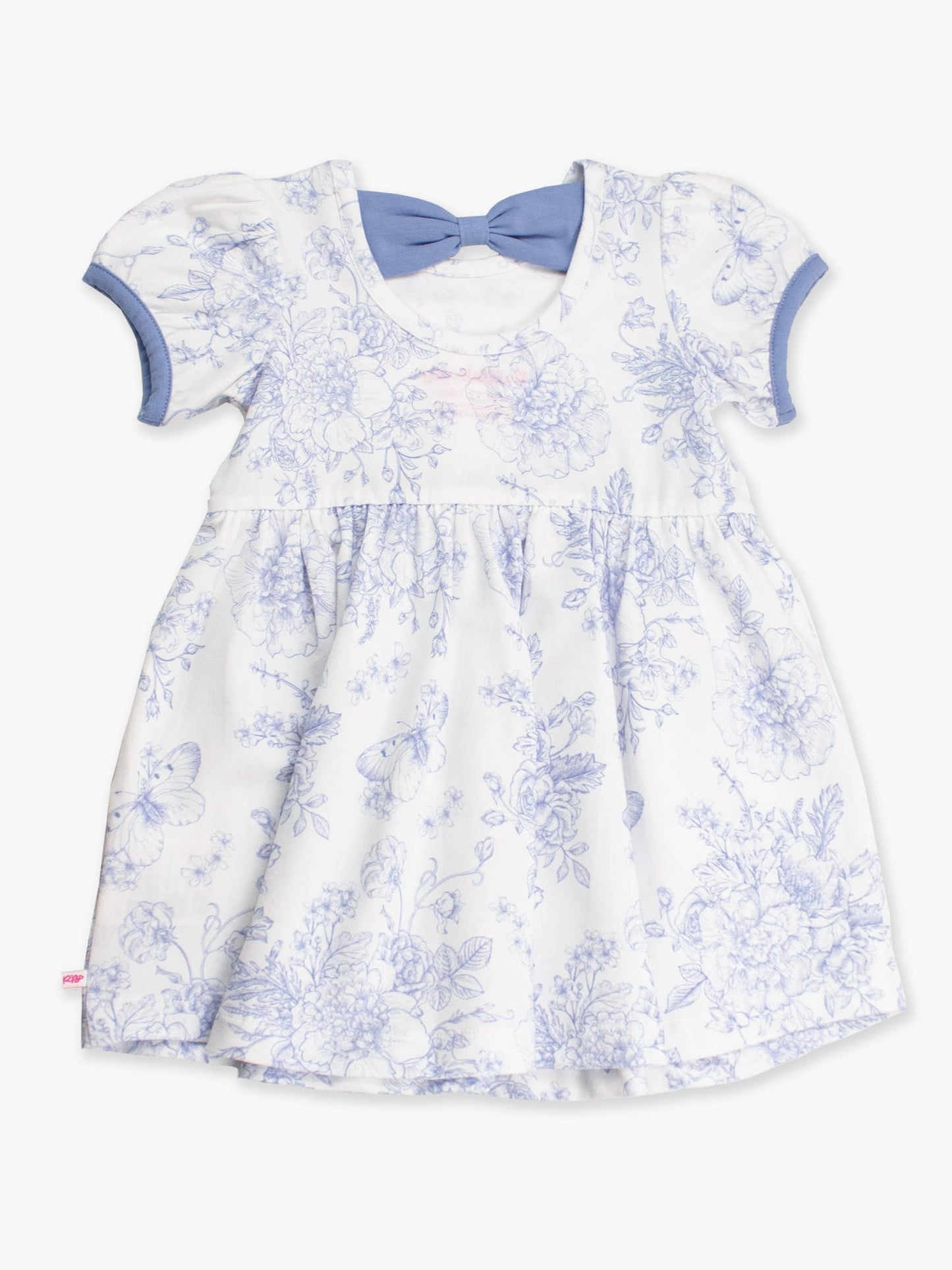 Girls Periwinkle Blue Butterfly Garden Toile Puff Short Sleeve Bow Twirl Dress
