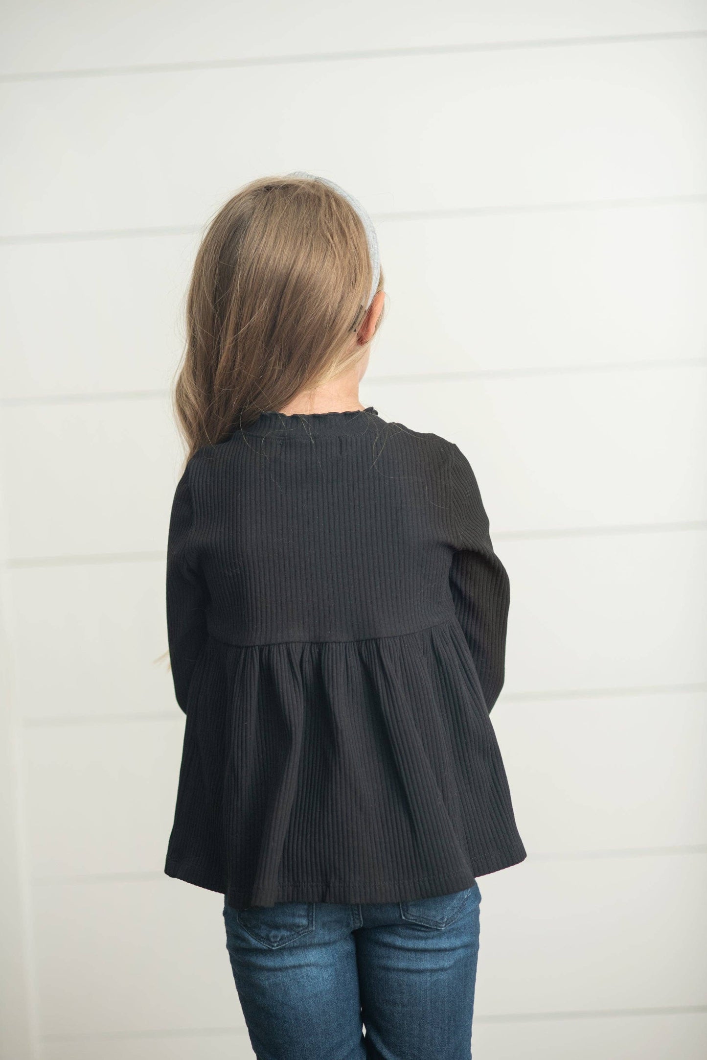 Kids Black Long Sleeve Lettuce Trim Ribbed Fall Winter Shirt