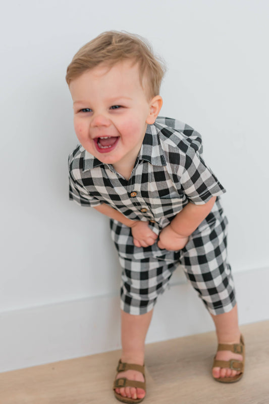 Black Checker Print Shirt & Shorts Set